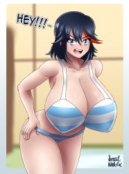 Rule 34 | 1girl, absurdres, ass, azraelwebster, black hair, breasts, cleavage, highres, huge breasts, kill la kill, leaning forward, looking at viewer, matoi ryuuko, multicolored hair, open mouth, panties, red hair, ryuko redraw (meme), short hair, skindentation, solo, streaked hair, striped clothes, striped panties, thick thighs, thighs, underwear, undressing, wide hips