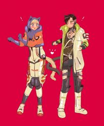 Rule 34 | 1boy, 1girl, absurdres, animal ears, animification, apex legends, black eyes, black hair, black pants, blonde hair, blue bodysuit, blue eyes, blue gloves, bodysuit, boots, cable, cat boy, cat ears, cat girl, cat tail, crypto (apex legends), gloves, heart, hetero, highres, hood, hooded bodysuit, hooded jacket, jacket, kemonomimi mode, orange jacket, pants, red background, shoes, sneakers, tabiiii, tail, tails touching, undercut, wattson (apex legends), white bodysuit, white footwear, white jacket
