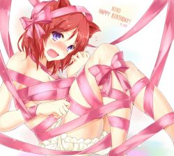 Rule 34 | 10s, 1girl, animal ears, bloomers, blush, bow, cat ears, character name, dated, embarrassed, fang, gift, happy birthday, looking at viewer, love live!, love live! school idol project, nishikino maki, open mouth, parted bangs, pink ribbon, purple eyes, red hair, reityana, ribbon, short hair, solo, underwear, white background
