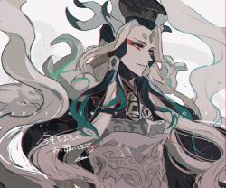Rule 34 | 1boy, armor, blue hair, ebanoniwa, eyeliner, fate/grand order, fate (series), hat, horns, long hair, makeup, male focus, red eyes, shi huang di (fate), shi huang di (third ascension) (fate), smile, solo, white background
