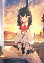 Rule 34 | 10s, 1girl, backlighting, barefoot, black hair, black skirt, blue eyes, blush, bow, breasts, buttons, closed mouth, curtains, desk, feet, gridman universe, hands on feet, legs, lens flare, long hair, long sleeves, looking at viewer, medium breasts, miniskirt, orange scrunchie, pleated skirt, red bow, red neckwear, scrunchie, sitting, skirt, solo, ssss.gridman, sunset, sweater, takarada rikka, teddy (khanshin), thighs, white sweater, window, wrist scrunchie