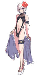 Rule 34 | 1boy, androgynous, ban! (bansankan), black one-piece swimsuit, blonde hair, blue eyes, bulge, flower, flower on head, full body, halterneck, highleg, highleg swimsuit, highres, homare nao, lilith-soft, looking at viewer, male focus, one-piece swimsuit, ribbon, see-through, simple background, sketch, slingshot swimsuit, smile, solo, standing, swimsuit, taimanin (series), taimanin rpgx, thigh strap, towel, trap, white background