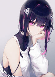 Rule 34 | 1girl, a20 (atsumaru), bare shoulders, black hair, black ribbon, borrowed character, commentary request, expressionless, from side, gradient background, grey background, hair ornament, hairclip, hand on own cheek, hand on own face, highres, long sleeves, looking at viewer, looking to the side, multicolored hair, original, purple eyes, purple hair, ribbon, short hair with long locks, sidelocks, solo, streaked hair, two-tone hair, upper body
