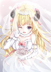 Rule 34 | 1girl, absurdres, aliaryuki, animal ears, bare shoulders, blonde hair, bouquet, breasts, bridal veil, bride, center frills, collarbone, detached collar, dress, elbow gloves, flower, frilled dress, frills, fur-trimmed gloves, fur collar, fur trim, gloves, hair ornament, hairclip, happy tears, highres, holding, holding bouquet, hololive, horns, large breasts, long hair, looking at viewer, open mouth, purple eyes, sheep ears, sheep girl, sheep horns, smile, solo, tears, tsunomaki watame, veil, very long hair, virtual youtuber, wedding, wedding dress, white dress, white gloves
