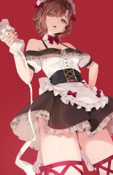 Rule 34 | 1girl, bare shoulders, breasts, brown hair, cleavage, dress, highres, higuchi madoka, icing, idolmaster, idolmaster shiny colors, looking at viewer, maid headdress, medium breasts, mole, mole under eye, open mouth, pastry bag, sexually suggestive, short hair, solo, suggestive fluid, swept bangs, thighs, yd (orange maru)