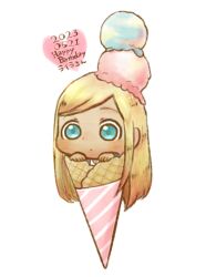 Rule 34 | 1girl, blonde hair, blue eyes, chibi, dark-skinned female, dark skin, expressionless, food, food on head, highres, ice cream, ice cream cone, idolmaster, idolmaster cinderella girls, layla (idolmaster), long hair, looking at viewer, object on head, simple background, solo, sorao (imasorao), white background