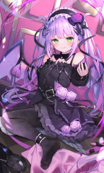 Rule 34 | 1girl, absurdres, alternate costume, asymmetrical legwear, black pantyhose, blush, breasts, closed mouth, colored inner hair, commentary, demon girl, demon tail, demon wings, detached collar, detached sleeves, dress, ear piercing, english commentary, frilled dress, frilled hairband, frills, green eyes, haidollo, hair ornament, hair ribbon, hairband, hairclip, highres, hololive, lace, lace legwear, lace pantyhose, lolita hairband, long hair, long sleeves, looking at viewer, multicolored hair, no shoes, pantyhose, piercing, pink hair, purple hair, ribbon, short dress, sidelocks, sleeveless, sleeveless dress, small breasts, smile, solo, streaked hair, tail, tail ornament, tail piercing, tokoyami towa, twintails, virtual youtuber, wings