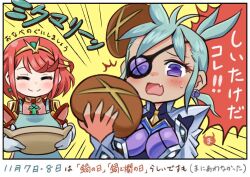 Rule 34 | 2girls, :d, apron, aqua hair, bread, breasts, circlet, closed eyes, closed mouth, core crystal (xenoblade), dark-skinned female, dark skin, earrings, emphasis lines, eyepatch, fang, food, green apron, holding, holding food, impossible clothes, jewelry, large breasts, ma2acworks, medium hair, mittens, multiple girls, open mouth, praxis (xenoblade), purple eyes, pyra (xenoblade), red hair, skin fang, smile, surprised, swept bangs, upper body, white mittens, xenoblade chronicles (series), xenoblade chronicles 2, yellow background