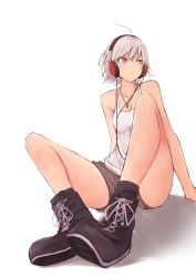 Rule 34 | 1girl, ahoge, foreshortening, headphones, highres, jewelry, necklace, original, red eyes, rucchiifu, short hair, short shorts, shorts, silver hair, simple background, socks, solo, tank top, tomboy, white background