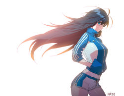 Rule 34 | 1girl, aqua eyes, artist name, black hair, closers, contrapposto, cowboy shot, dolphin shorts, from side, gym shorts, haje, hands in pockets, jacket, long hair, midriff, navel, parted lips, short shorts, shorts, simple background, solo, standing, track jacket, very long hair, white background, yuri seo