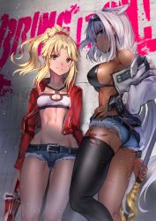 Rule 34 | 2girls, ass, bandeau, belt, bikini, black bikini, blonde hair, blue shorts, body markings, braid, breasts, caenis (fate), clarent (fate), closed mouth, collarbone, cutoffs, dark-skinned female, dark skin, denim, denim shorts, fate/apocrypha, fate/grand order, fate (series), french braid, green eyes, hair intakes, hair ornament, hair scrunchie, hairband, highres, jacket, jewelry, kemono friends, large breasts, long hair, looking at viewer, medium breasts, micro shorts, mordred (fate), mordred (fate/apocrypha), mordred (memories at trifas) (fate), multiple girls, nakasaku-p, navel, necklace, open clothes, open jacket, parted lips, polearm, ponytail, red jacket, red scrunchie, scrunchie, short shorts, shorts, sidelocks, small-clawed otter (kemono friends), smile, spear, swimsuit, sword, tattoo, thighs, very long hair, weapon, white hair, white jacket
