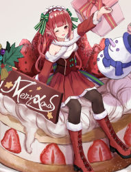 Rule 34 | 1girl, blush, breasts, cake, christmas, dress, food, fruit, gift, hair ribbon, highres, it ai, long hair, looking at viewer, one eye closed, original, pointy ears, red hair, ribbon, sign, sitting, small breasts, smile, snowman, solo, strawberry