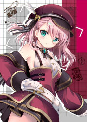 Rule 34 | 1girl, aqua eyes, bare shoulders, belt, black bow, black bowtie, bow, bowtie, camera, charlotte (genshin impact), detached sleeves, floating hair, genshin impact, gloves, hat, hat feather, long sleeves, looking at viewer, parted lips, pink hair, red hat, shirogane hina, short hair, solo, vision (genshin impact), white belt, white gloves