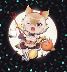 Rule 34 | 1girl, absurdres, animal ears, beleven, blonde hair, bow, bowtie, camisole, coyopotato, coyote (kemono friends), demon horns, elbow gloves, extra ears, gloves, halloween, halloween costume, highres, horns, kemono friends, kemono friends v project, kneehighs, looking at viewer, one eye closed, shoes, short hair, simple background, skirt, smile, socks, tail, virtual youtuber, wolf ears, wolf girl, wolf tail, yellow eyes