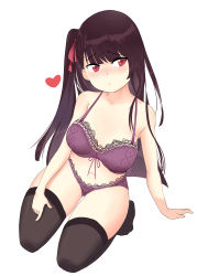 Rule 34 | 1girl, absurdres, bare arms, bare shoulders, black eyes, black thighhighs, blush, bow, bow bra, bra, breasts, brown hair, closed mouth, female focus, full body, girls&#039; frontline, hair ribbon, heart, highres, long hair, medium breasts, navel, note2000, one side up, panties, red eyes, ribbon, seiza, side ponytail, simple background, sitting, solo, thighhighs, underwear, wa2000 (girls&#039; frontline), white background