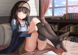 Rule 34 | 1girl, aiban, ass, bed, bedroom, black hair, black panties, black thighhighs, blue eyes, blush, book, bookmark, clothes pull, feet, hairband, idolmaster, idolmaster cinderella girls, long hair, looking at viewer, no shoes, on bed, open book, open mouth, panties, sagisawa fumika, shawl, skirt, solo, thighhighs, underwear, window