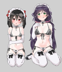Rule 34 | 2girls, bikini, black bikini, black bow, black footwear, black hair, blush, bow, breasts, cleavage, detached collar, elbow gloves, front-tie bikini top, front-tie top, gloves, green eyes, grey background, highres, kneeling, kurokawa makoto, large breasts, licking lips, long hair, looking at viewer, love live!, love live! school idol project, low twintails, maid, maid bikini, maid headdress, multiple girls, navel, pink scrunchie, purple hair, red eyes, scrunchie, shoes, side-tie bikini bottom, simple background, small breasts, sweat, swimsuit, thighhighs, tongue, tongue out, tojo nozomi, twintails, unconventional maid, very long hair, white gloves, white thighhighs, yazawa nico