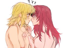 Rule 34 | 2girls, ?, ??, blonde hair, blush, cagalli yula athha, eye contact, face-to-face, forehead-to-forehead, gundam, gundam seed, gundam seed destiny, gundam seed freedom, heads together, highres, holding hands, interlocked fingers, long hair, looking at another, medium hair, meyrin hawke, multiple girls, nude, profile, purple eyes, red hair, she (morianosu), simple background, sketch, sweat, topless, white background, yellow eyes, yuri