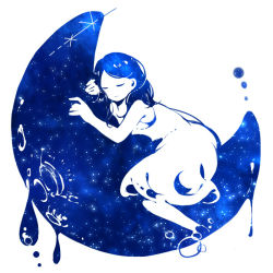 Rule 34 | 1girl, animal ears, bad id, bad pixiv id, bare arms, blue theme, closed mouth, commentary request, crescent moon, dress, long hair, lying, mochi (fayo), monochrome, moon, on crescent, on stomach, original, simple background, sleeping, solo, starry sky print, white background