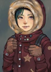 Rule 34 | 1girl, :q, absurdres, badge, button badge, coat, fur-trimmed hood, fur trim, gloves, green hair, grey background, highres, hood, hood up, junjunforever, looking at viewer, original, parka, pink hair, smile, solo, star (symbol), tongue, tongue out, upper body, winter clothes, winter coat