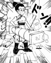 Rule 34 | 1girl, battering ram, bedroom, black eyes, black hair, boots, chi-chi (dragon ball), chinese clothes, door, dragon ball, dragonball z, emphasis lines, hair bun, ink (medium), monochrome, parody, sheila96716588, the fairly oddparents, traditional media, twitter username, wooden floor