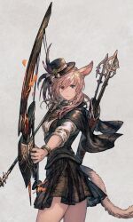 Rule 34 | 1girl, absurdres, animal ears, arrow (projectile), bard (final fantasy), black hat, black skirt, blue eyes, bow (weapon), bracelet, cat ears, cat girl, cat tail, cowboy shot, drawing bow, fighting stance, final fantasy, final fantasy xiv, from side, grey background, hat, hat feather, hatching (texture), highres, holding, holding bow (weapon), holding weapon, jewelry, light brown hair, looking at viewer, maeka (kumaekake), medium hair, miqo&#039;te, mole, mole under eye, outstretched arm, quiver, serious, shirt, simple background, skirt, solo, standing, tail, top hat, warrior of light (ff14), weapon, white shirt