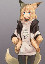 Rule 34 | 1girl, animal ears, batta (kanzume quality), blonde hair, blue eyes, commentary request, fox ears, fox girl, fox tail, fox wife (batta (kanzume quality)), hands in pockets, hood, hoodie, jacket, leggings, long hair, looking at viewer, original, pantyhose, simple background, solo, tail
