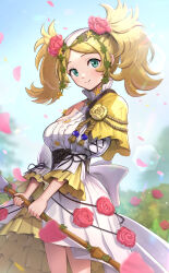 Rule 34 | 1girl, absurdres, aqua eyes, blonde hair, blue sky, breasts, capelet, cloud, commentary request, corset, cowboy shot, day, dress, fire emblem, fire emblem awakening, fire emblem heroes, flower, gonzarez, hair flower, hair ornament, highres, holding, holding staff, large breasts, lissa (fire emblem), long hair, looking at viewer, nintendo, official alternate costume, pink flower, pink rose, puffy sleeves, rose, single bare shoulder, sky, smile, solo, staff, standing, twintails, white dress, yellow capelet