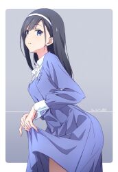 Rule 34 | 1girl, black hair, blue dress, closed mouth, clothes lift, commentary request, dated, dress, dress lift, gradient background, grey background, hairband, highres, lifted by self, long hair, long sleeves, looking at viewer, monai-chan (nii manabu), nii manabu, original, signature, solo, white hairband