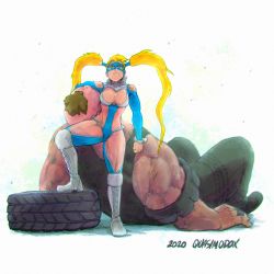Rule 34 | 1boy, 1girl, abigail (final fight), blonde hair, blue eyes, blue leotard, breasts, brown hair, capcom, cleavage, final fight, headlock, height difference, highres, large breasts, leotard, long hair, mask, mohawk, quasimodox, rainbow mika, street fighter, street fighter v, tank top, tire, towering, twintails, wrestling outfit