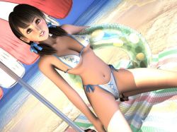 Rule 34 | 1girl, 3d, beach, bikini, breasts, brown eyes, brown hair, covered erect nipples, day, female focus, flear, hair ribbon, high heels, incise soul, kneeling, m-rs, navel, ocean, outdoors, ribbon, sandals, shoes, sky, solo, swimsuit, twintails, water