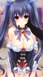 Rule 34 | 1girl, bare shoulders, black hair, blue ribbon, breasts, cleavage, commission, detached collar, detached sleeves, empty eyes, frills, hair between eyes, hair ribbon, highres, hypnosis, irori (irorixc), long hair, looking at viewer, medium breasts, mind control, neptune (series), noire (neptunia), pleated skirt, pov, red eyes, ribbon, skeb commission, skirt, solo focus, strapless, thighhighs, twintails, very long hair, white skirt