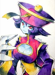 Rule 34 | 1girl, artist name, blue skin, breasts, cleavage, cleavage cutout, closed mouth, clothing cutout, colored skin, flipped hair, hat, highres, jiangshi, lei lei, light smile, long sleeves, mimi (ikrptppt), ofuda, orange eyes, painting (medium), purple hair, qingdai guanmao, scan, short hair, signature, sleeves past wrists, solo, traditional media, upper body, vampire (game), watercolor (medium)