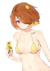 Rule 34 | 1girl, :o, absurdres, bad id, bad pixiv id, bare arms, bare shoulders, bikini, bikini top only, breasts, brown hair, collarbone, commentary, commentary request, dot nose, drink, english commentary, fei mao, food, fruit, hair ornament, hair over one eye, highres, holding, holding drink, lemon, lemon slice, looking at viewer, navel, one eye covered, original, red eyes, short hair, simple background, small breasts, solo, swimsuit, tattoo, upper body, white background, yellow bikini
