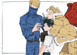 Rule 34 | 3boys, artist name, belt, best jeanist, blonde hair, boku no hero academia, brown belt, comb, commentary request, covered mouth, denim, denim jacket, feathered wings, freckles, fur-trimmed jacket, fur trim, green eyes, green hair, green pants, hawks (boku no hero academia), high collar, holding, holding comb, jacket, jeans, looking at another, looking up, male focus, mantos no.7, midoriya izuku, multiple boys, necktie, open mouth, pants, red necktie, red wings, shirt, short hair, short sleeves, simple background, standing, sweat, thai commentary, watermark, white background, white shirt, wings, yellow jacket, yellow pants