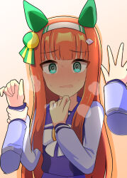 Rule 34 | 2girls, @ @, animal ears, blue eyes, blush, bow, commentary request, ear covers, ear ornament, gradient background, hair ornament, hairband, hairclip, highres, holding another&#039;s arm, horse ears, horse girl, kabedon, long hair, long sleeves, looking at viewer, multiple girls, orange hair, parted lips, purple shirt, sailor collar, school uniform, shirt, silence suzuka (umamusume), solo focus, tracen school uniform, umamusume, upper body, white bow, white hairband, whitelily bread, winter uniform