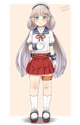 Rule 34 | 1girl, blue sailor collar, dolphin, full body, gloves, green eyes, grey hair, hat, highres, hip vent, kantai collection, konoshige (ryuun), long hair, looking at viewer, low twintails, mikura (kancolle), pleated skirt, puffy short sleeves, puffy sleeves, red skirt, sailor collar, sailor hat, sailor shirt, shirt, short sleeves, skirt, smile, socks, solo, standing, thigh strap, twintails, white gloves, white shirt, white socks