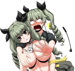 Rule 34 | 10s, 1girl, anchovy (girls und panzer), anzio school uniform, blush, breasts, brown eyes, cape, cleavage, collar, covering breasts, covering privates, drill hair, empty eyes, full-face blush, girls und panzer, grey hair, large breasts, long hair, looking at viewer, navel, nude, open mouth, realdoll, riding crop, school uniform, sex doll, solo, tears, twin drills, white background, white legwear, yaruku