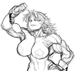 Rule 34 | 1girl, abs, breasts, cuffs, greyscale, grin, hand on own hip, hoshiguma yuugi, large breasts, long hair, monochrome, muscular, muscular female, nude, pasties, pointy ears, shackles, sharp teeth, sketch, smile, solo, spacezin, star pasties, teeth, touhou