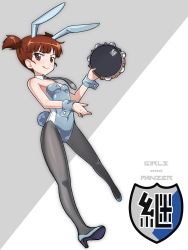 Rule 34 | 10s, 1girl, :d, adapted costume, animal ears, bare shoulders, black pantyhose, bow, bowtie, breasts, brown eyes, brown hair, copyright name, covered erect nipples, detached collar, emblem, fake animal ears, full body, girls und panzer, high heels, highres, instrument, iwahana, keizoku (emblem), leotard, mikko (girls und panzer), necktie, open mouth, pantyhose, playboy bunny, rabbit ears, rabbit tail, shoes, short hair, short twintails, small breasts, smile, solo, standing, tail, tambourine, twintails