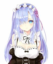 Rule 34 | 10s, 1girl, alternate hair length, alternate hairstyle, blue eyes, blue hair, blush, breasts, closed mouth, collar, detached collar, detached sleeves, frilled collar, frills, hair over one eye, light frown, long hair, looking at viewer, maid, maid headdress, medium breasts, re:zero kara hajimeru isekai seikatsu, rem (re:zero), simple background, solo, tr (kangtw123), upper body, white background
