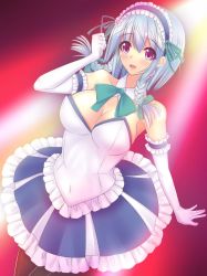 Rule 34 | 1girl, :d, adapted costume, arm garter, bare shoulders, black pantyhose, bow, braid, breasts, covered navel, dress, elbow gloves, female focus, gloves, highres, idol, izayoi sakuya, kobarei, large breasts, maid headdress, open mouth, pantyhose, purple eyes, silver hair, sleeveless, sleeveless dress, smile, solo, touhou, twin braids
