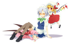 3girls bad_id bad_pixiv_id blonde_hair blue_hair braid closed_eyes female_focus flandre_scarlet hat izayoi_sakuya maid meimone multiple_girls red_eyes remilia_scarlet ribbon silver_hair embodiment_of_scarlet_devil thighhighs touhou twin_braids wings