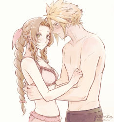 Rule 34 | 1boy, 1girl, aerith gainsborough, ancotsubu, bare arms, bikini, black male swimwear, black swim trunks, blonde hair, blush, braid, braided ponytail, breasts, brown hair, cloud strife, couple, earrings, final fantasy, final fantasy vii, final fantasy vii remake, frilled bikini, frills, hair between eyes, hair intakes, hair ribbon, hand on another&#039;s arm, hand on another&#039;s back, highres, jewelry, looking at another, looking at viewer, male swimwear, medium breasts, navel, parted bangs, pink bikini, ribbon, sidelocks, single earring, spiked hair, square enix, sweatdrop, swim trunks, swimsuit, topless male, upper body, wavy hair