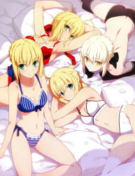 Rule 34 | 10s, 4girls, absurdres, ahoge, alternate costume, alternate hairstyle, arm support, armpits, arms up, artoria pendragon (all), artoria pendragon (fate), ass, bed, black bra, black gloves, black panties, black thighhighs, blue bra, blue panties, bra, breasts, capcom, cleavage, elbow gloves, fate/extra, fate/stay night, fate/unlimited codes, fate/zero, fate (series), gloves, green eyes, hair bun, hair ribbon, highres, lace, lace-trimmed legwear, lace-trimmed panties, lace trim, lingerie, looking at viewer, lying, multiple girls, navel, nero claudius (fate), nero claudius (fate) (all), nero claudius (fate/extra), odd one out, official alternate costume, official art, on side, on stomach, panties, petals, pillow, ponytail, red bra, ribbon, saber (fate), saber alter, saber lily, scan, single hair bun, sitting, smile, takeuchi takashi, thighhighs, topless, underwear, underwear only, white bra, white legwear, white panties, yellow eyes