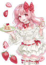 Rule 34 | 1girl, :d, ama-tou, bare shoulders, bow, cake, cake slice, commentary request, crop top, food, fork, frilled thighhighs, frills, fruit, hair bow, hands up, highres, holding, holding fork, layered skirt, long hair, long sleeves, looking at viewer, midriff, navel, off-shoulder shirt, off shoulder, open mouth, original, pink hair, pleated skirt, puffy long sleeves, puffy sleeves, red bow, red eyes, ribbon-trimmed legwear, ribbon trim, shirt, simple background, skirt, smile, solo, strawberry, strawberry shortcake, teeth, thick eyebrows, thighhighs, upper teeth only, white background, white shirt, white skirt, white thighhighs