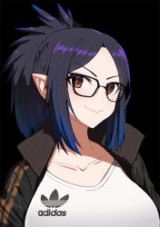 Rule 34 | 1girl, adidas, bad id, bad twitter id, black background, black hair, breasts, collarbone, commentary, daikou-chan, fang, glasses, indie virtual youtuber, iwahana, jacket, kson, large breasts, looking at viewer, medium hair, multicolored eyes, open clothes, open jacket, parted bangs, pointy ears, ponytail, simple background, skin fang, slit pupils, tsurime, virtual youtuber