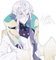 Rule 34 | 1boy, asclepius (fate), blue eyes, commentary request, fate/extra, fate/extra ccc, fate/grand order, fate (series), long hair, long sleeves, looking at viewer, male focus, meltryllis (fate), silver hair, simple background, sleeves past fingers, sleeves past wrists, solo, standing, white background, yo ru wie