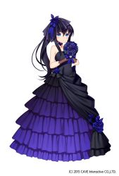 Rule 34 | 1girl, bare shoulders, black choker, blue dress, blue eyes, blue flower, blush, bouquet, brown gloves, butterfly hair ornament, choker, closed eyes, dress, flower, frilled dress, frills, full body, gloves, gothic wa mahou otome, hair between eyes, hair ornament, hair ribbon, hands up, highres, holding, holding flower, jenevan, long dress, long hair, looking at viewer, official art, purple dress, purple flower, purple hair, purple rose, ribbon, rose, simple background, solo, standing, veil, watermark