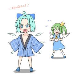 Rule 34 | 2girls, :d, alternate costume, alternate hairstyle, ascot, blue eyes, blue hair, bow, bow panties, cirno, daiyousei, dress, forehead, green eyes, green hair, hair bow, hair ribbon, heart, heart in mouth, multiple girls, open mouth, panties, ribbon, short hair, side ponytail, smile, topknot, tori (minamopa), touhou, underwear, wavy mouth, white panties, wings